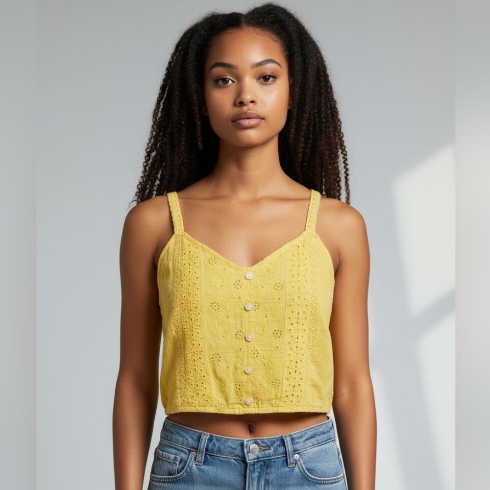 American Eagle Yellow Floral Eyelet Cropped Top Size Small